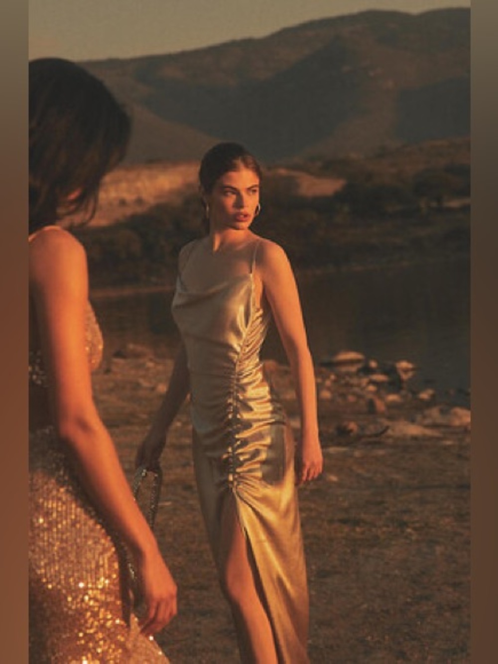 Jennings Ruched Hammered Satin Side-Slit Gown Sachin + Babi